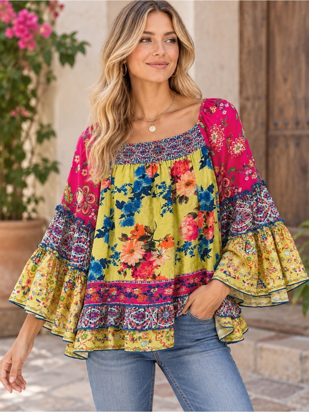 John Mark Boho Floral Patchwork Peasant Blouse Bell Sleeve Tunic Top S Peasant